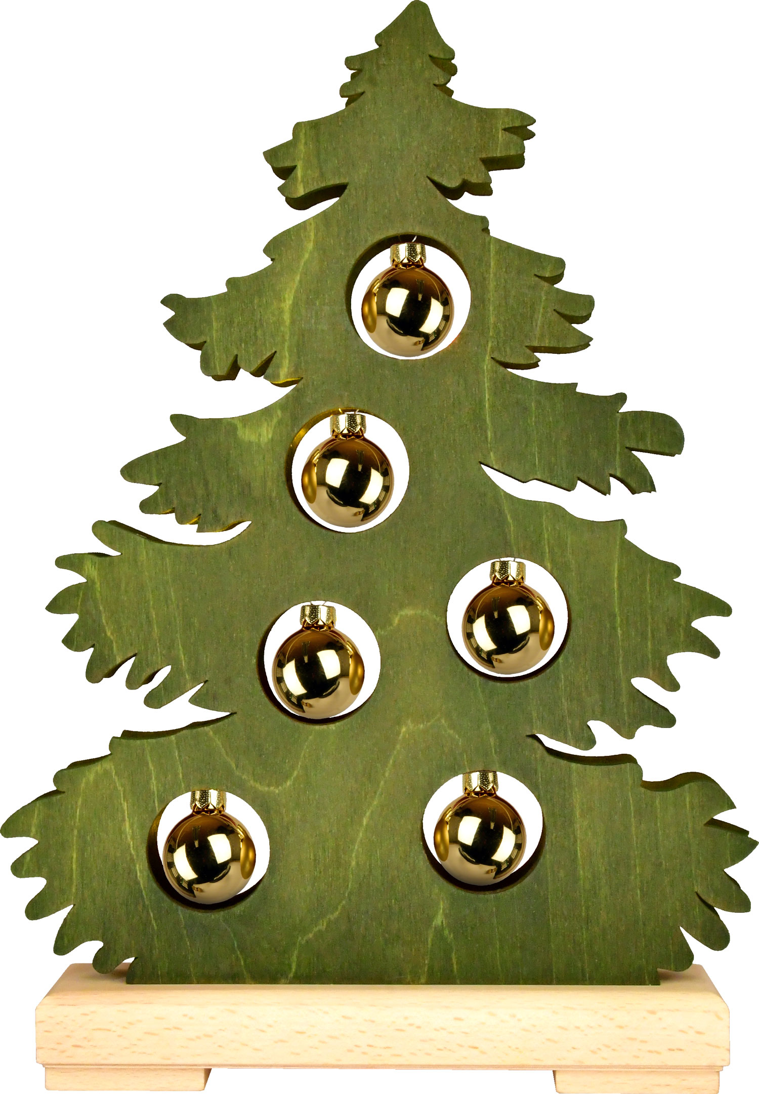 Small fir tree, green stained, golden baubles, full USB