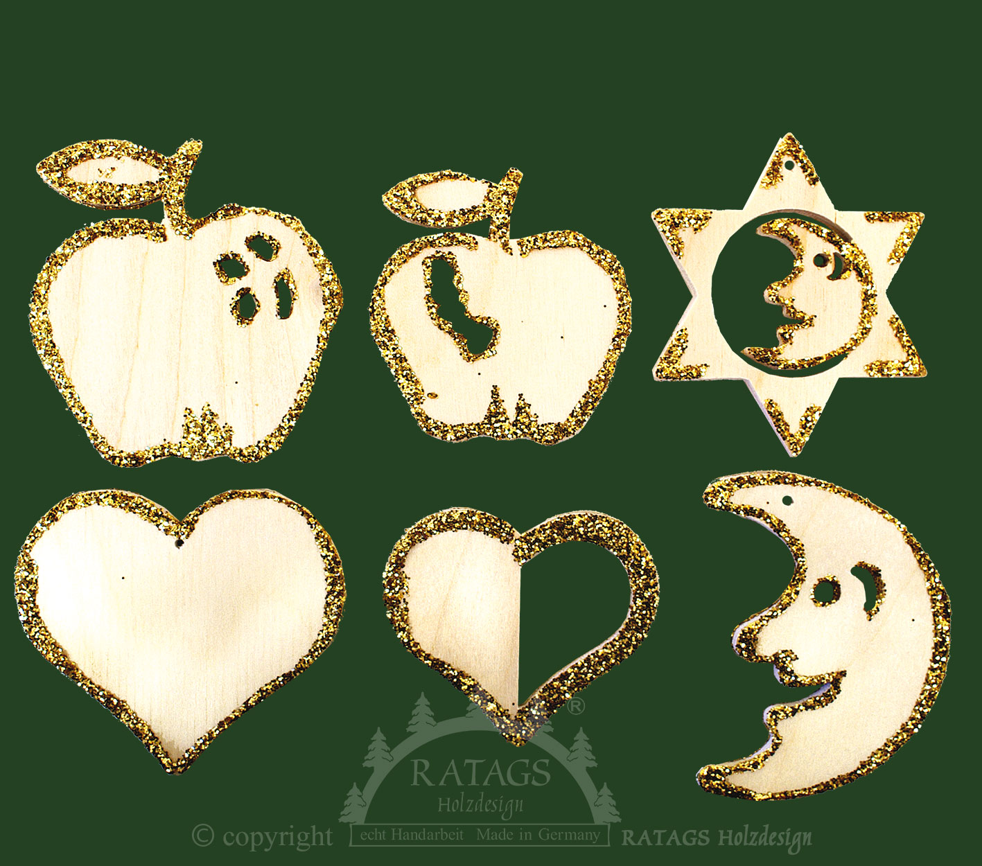 Tree decorations, set of 6, Christmas motifs, natural gold