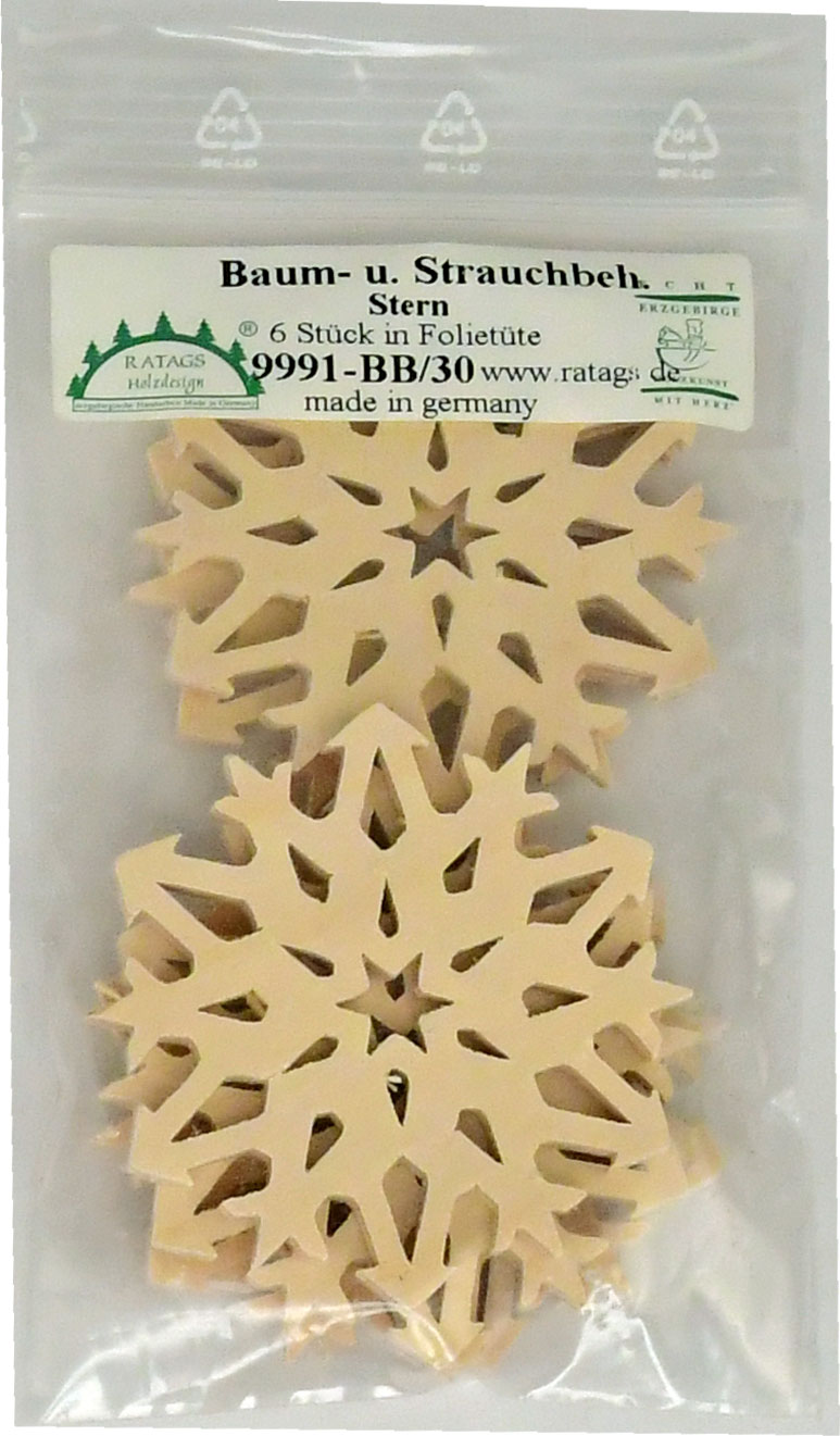 Tree decorations, stars, 6 pieces in a bag