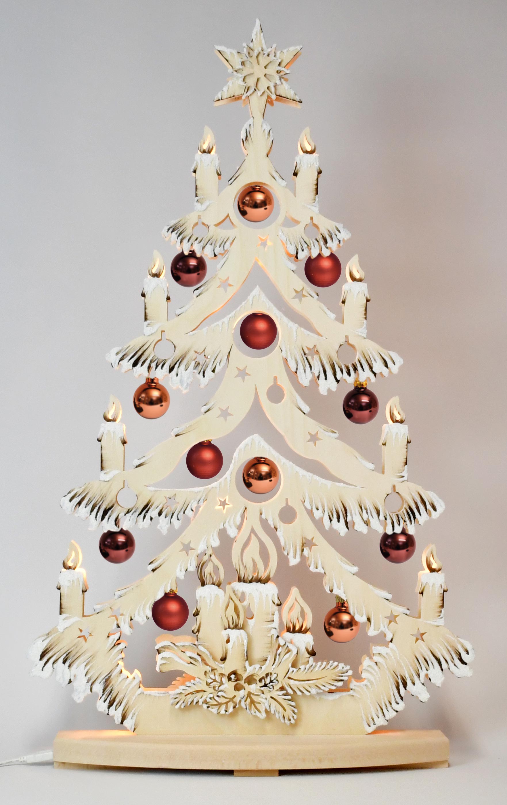 Fir tree, 2 sets of baubles, gold + copper brown shaded, hoarfrost