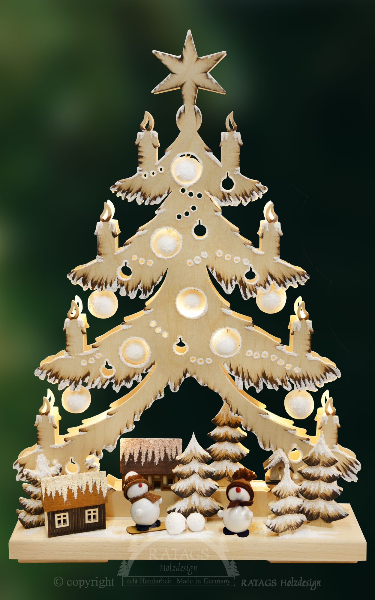 Small fir tree, cones, snowmen, brown shaded, hoarfrost