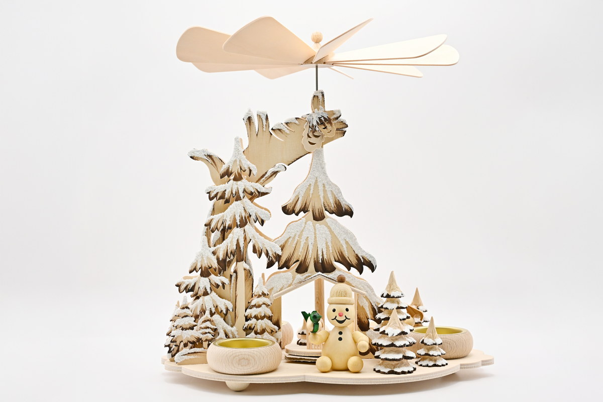 Fir tree pyramid, snowmen, hand-painted brown, hoarfrost