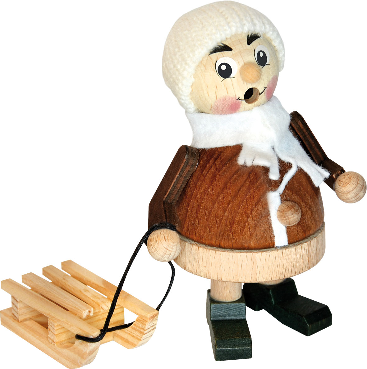 Petit bonhomme fumant, enfant d'hiver avec luge