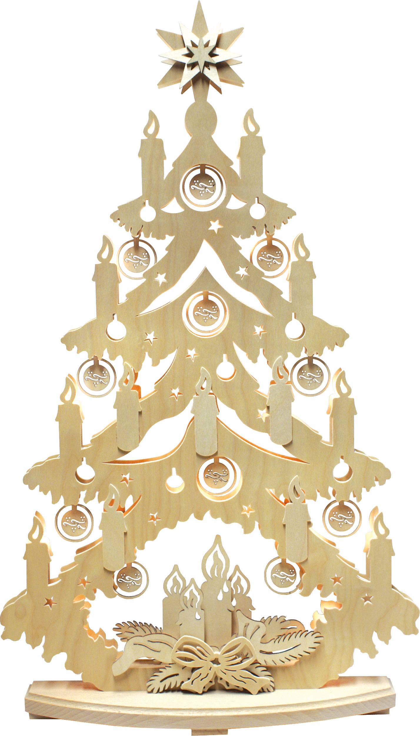 Large fir tree, tree baubles, natural, sawn