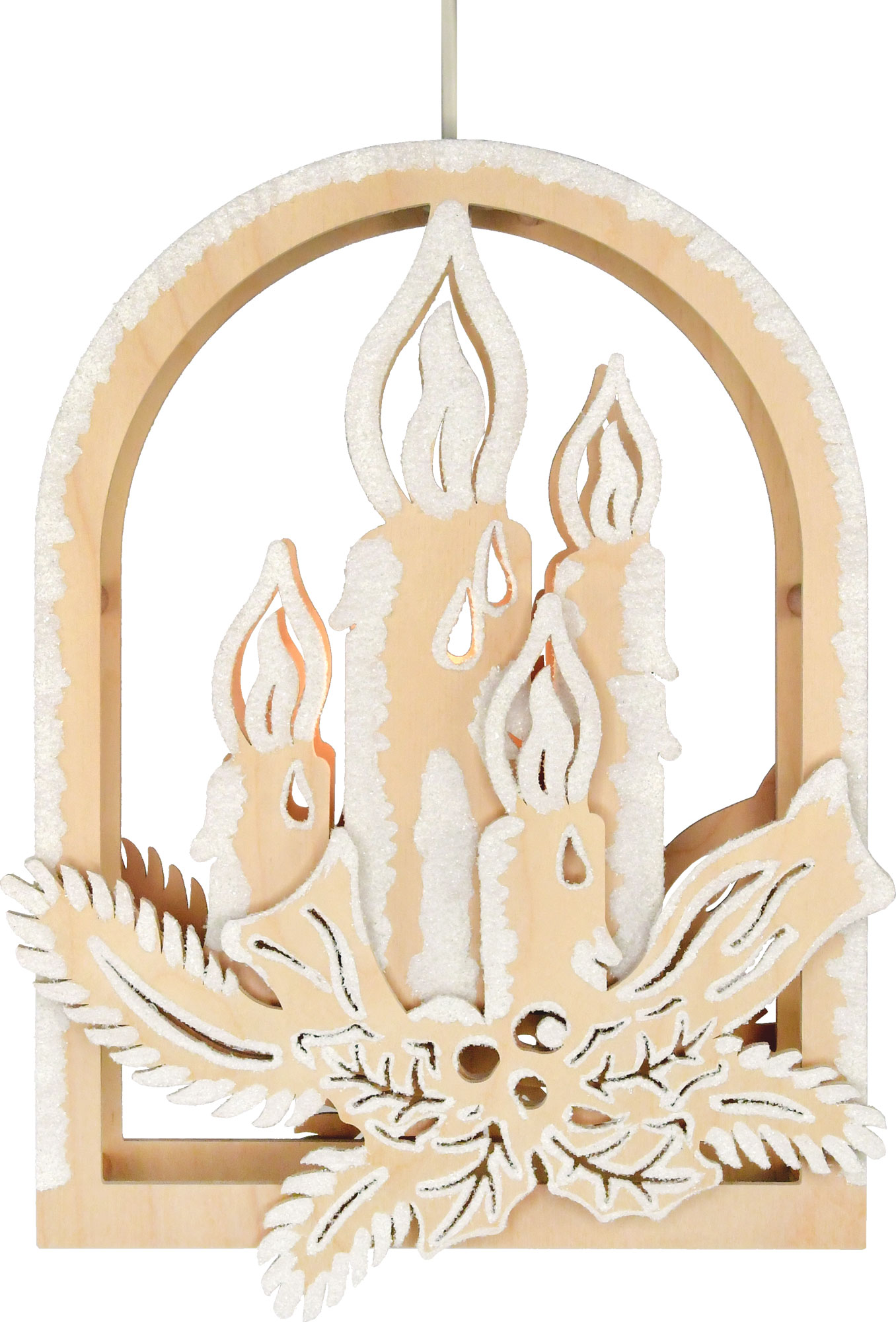 Fensterbild, beleuchtet, Kerze, Raureif