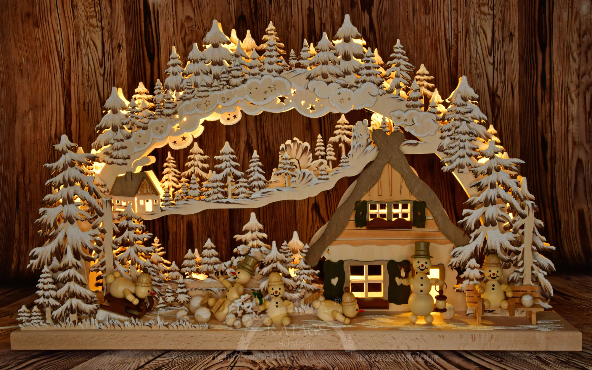 Large 3D candle arch, snowman paradise, hand-painted, brown, hoarfrost