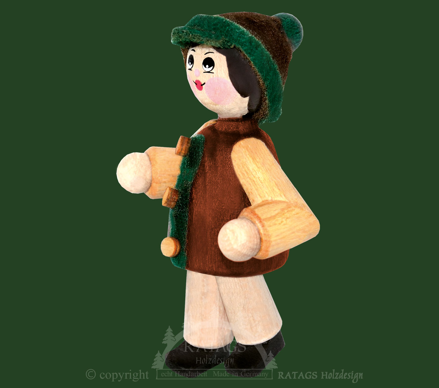 Verzamelpopje, jongen met bruin/groene jas en muts,