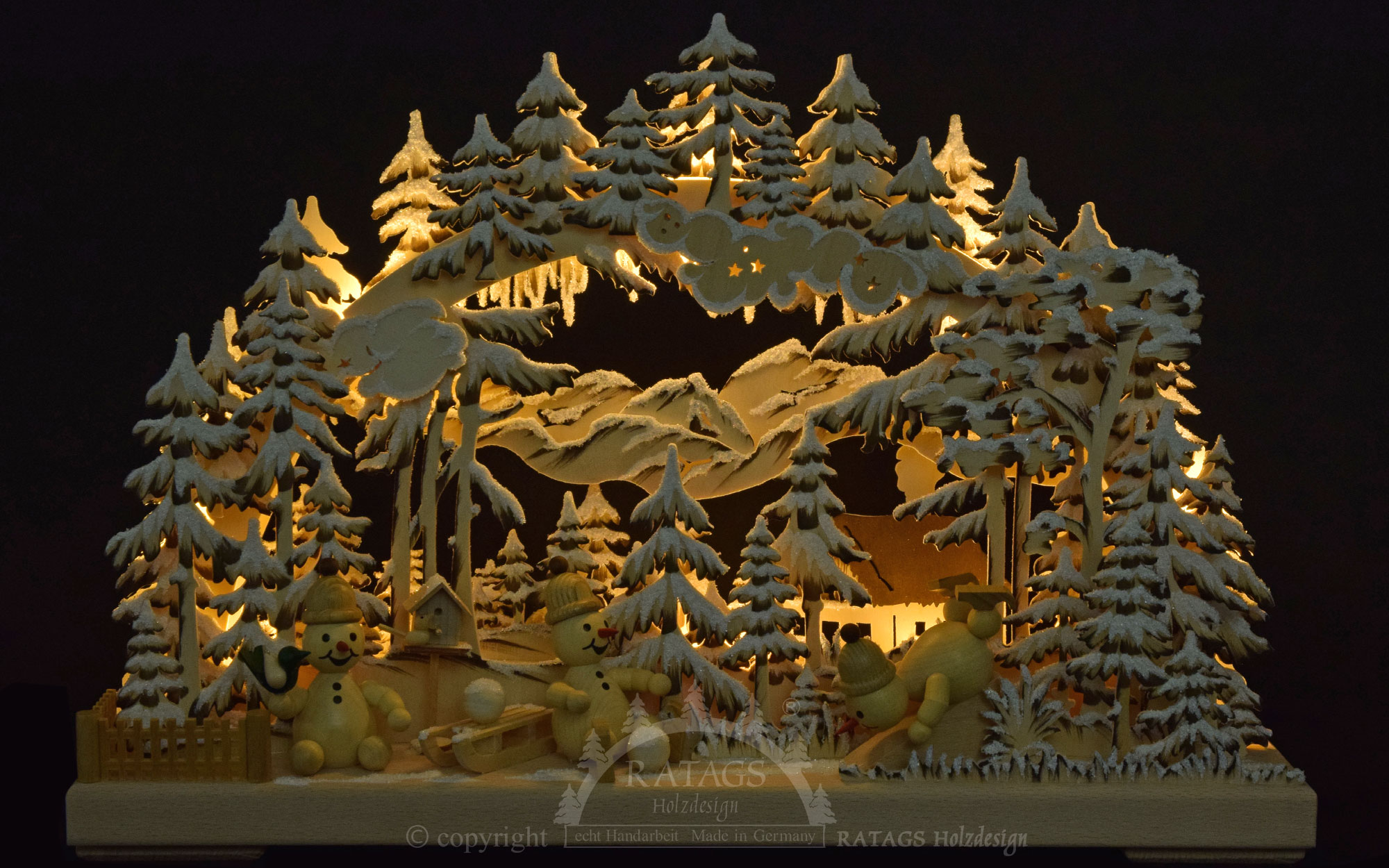 3D-Schwibbogen kl., Schneemannparadies, braun, Raureif