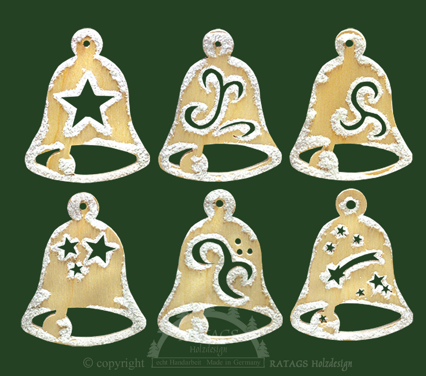 Tree decorations, set of 6, bells, hoarfrost