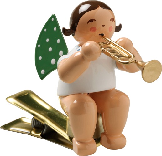 Engel mit Trompete, auf Klemme, dunkles Haar
