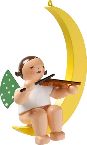 Engel mit Geige, im Mond, dunkles Haar