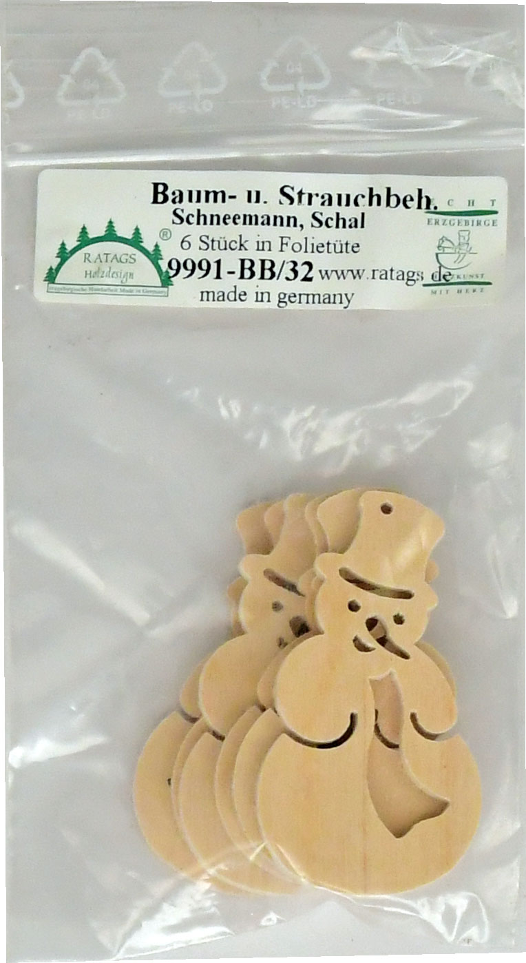Tree decoration snowman with scarf, 6 pieces