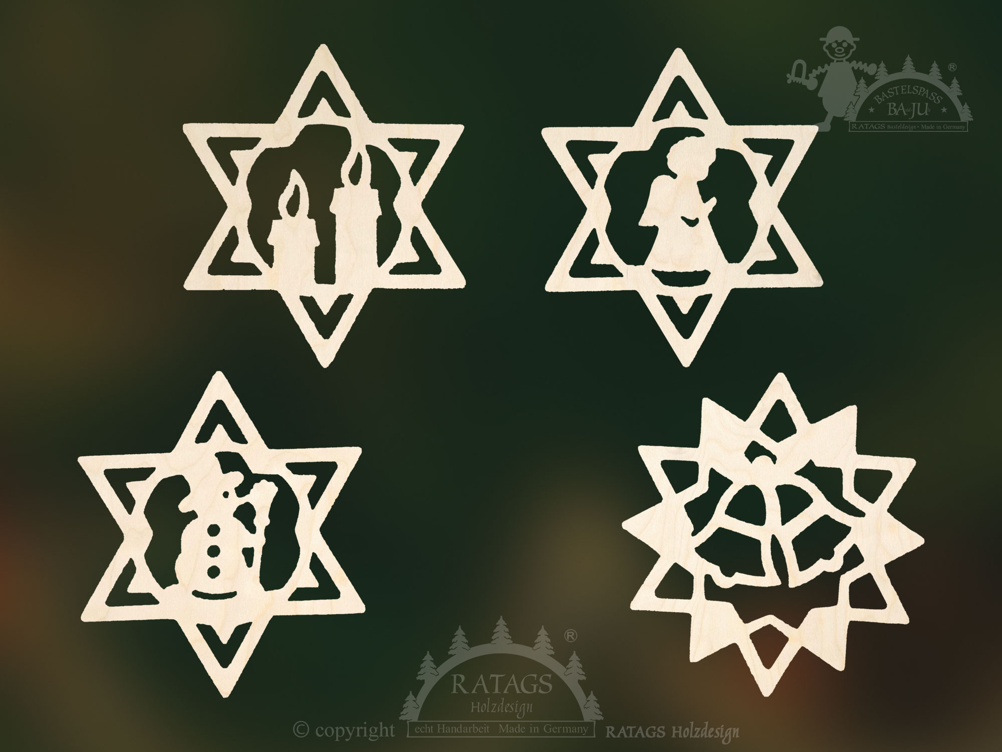 Tree decorations, set of 4, stars