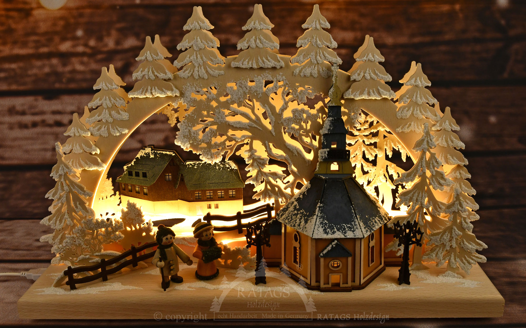 Small 3D LED Schwibbogen, village of Seiffen with church, LED strip