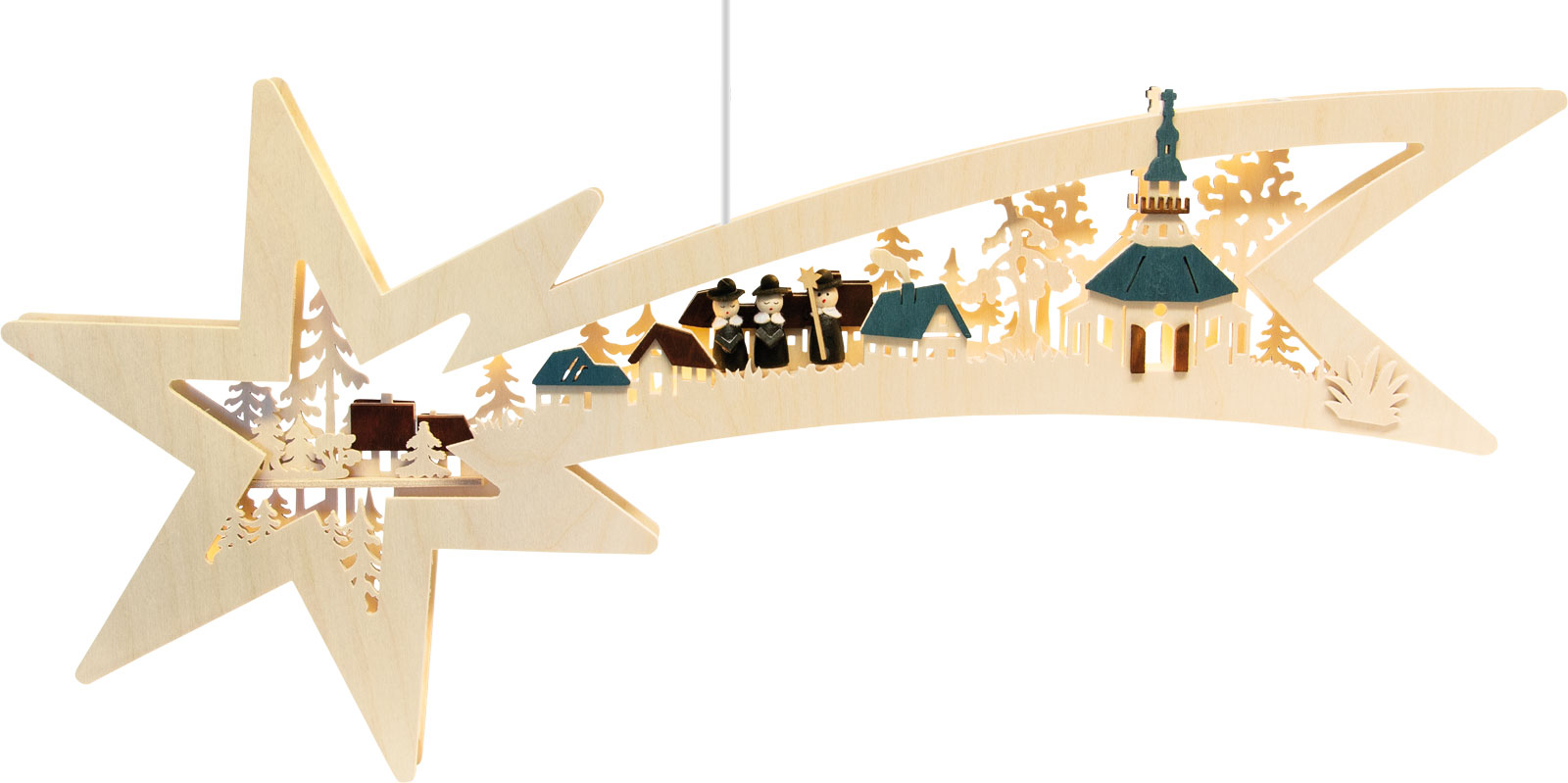 Fensterbild, beleuchtet, Sternschweif, Dorf Seiffen, farbige Dächer Fensterbild, beleuchtet, Sternschweif, Dorf Seiffen, farbige Dächer