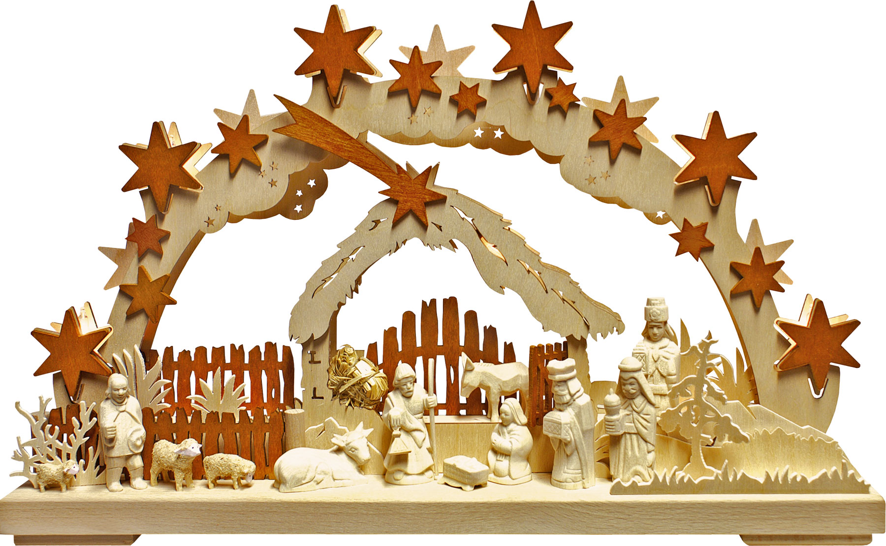 3D-Schwibbogen klein, Morgenland, geschnitzte Figuren, natur,braune Sterne