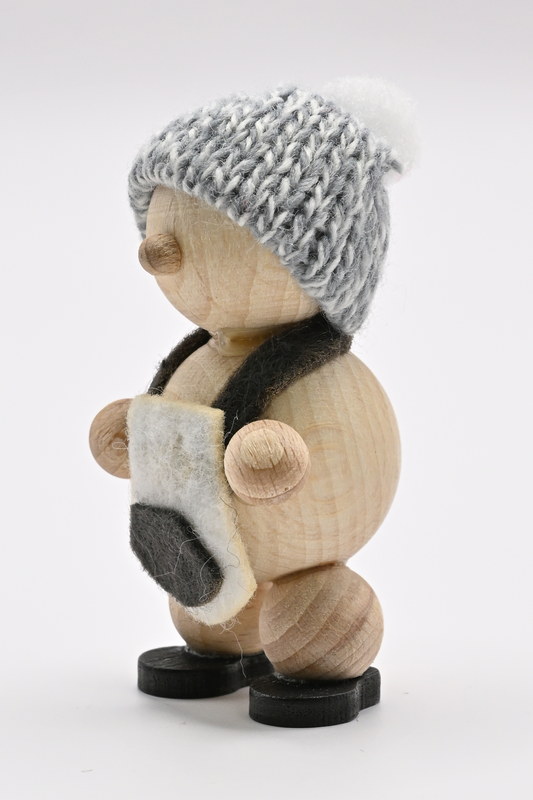 Bonhomme de neige naturel, debout, bonnet gris, tablier, H 6,5 cm