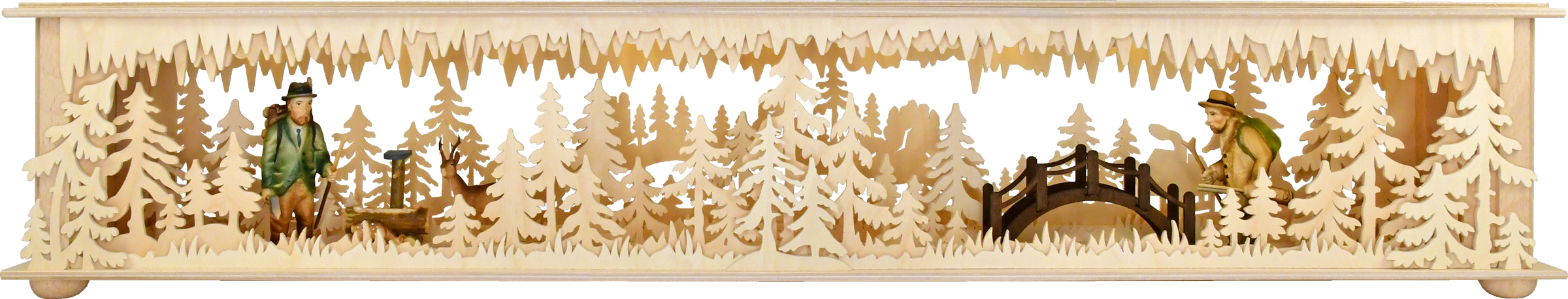 Raumleuchte gr., Brücke, Wald, Rehe, geschnitzte Figuren