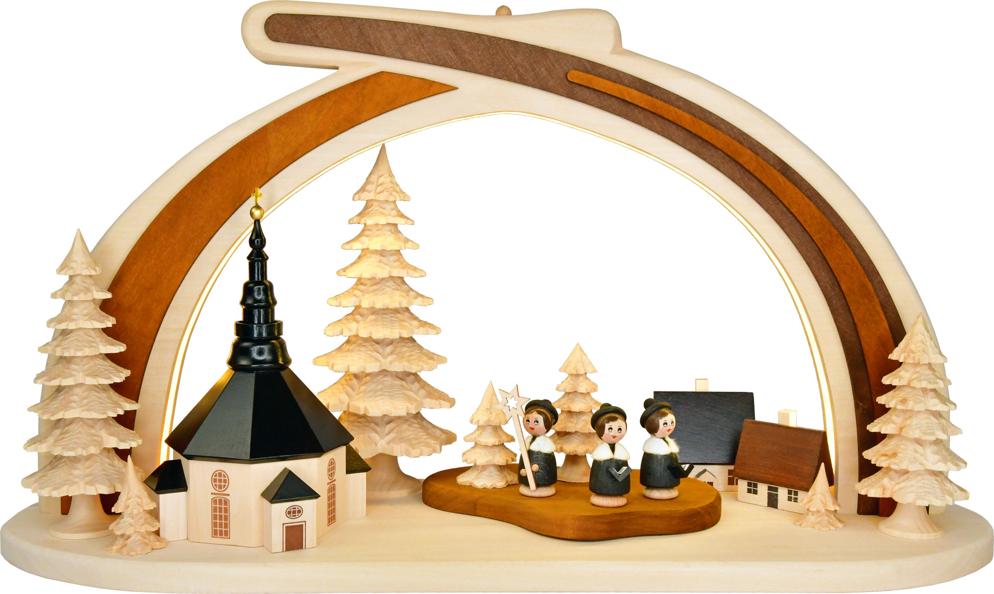 Arc en bois massif, église de Seiffen avec chorale, éclairage LED, demi-USB