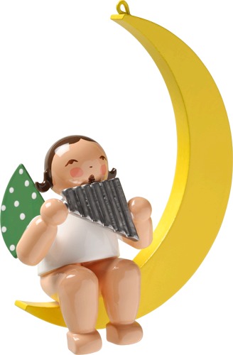 Engel mit Panflöte, im Mond, dunkles Haar