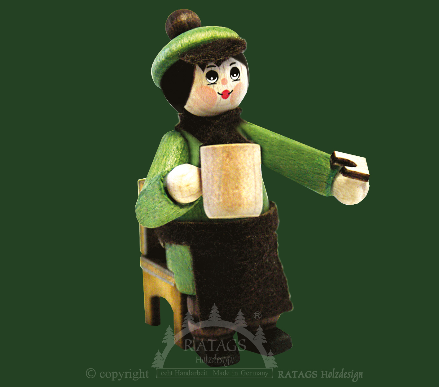 Figur, Mann mit Bierhumpen auf Stuhl, grün