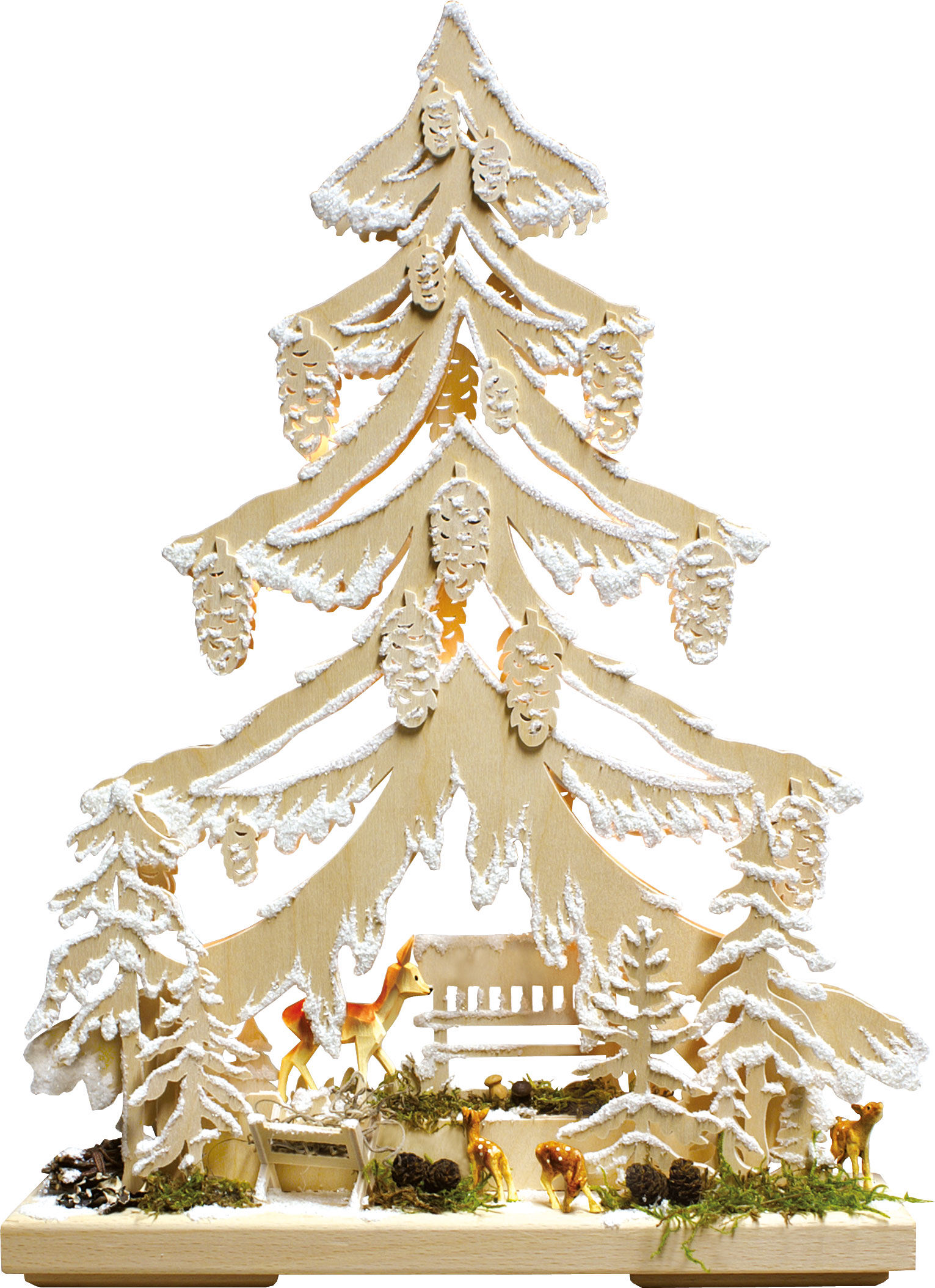 Small fir tree, fawn with feeding trough, hoarfrost