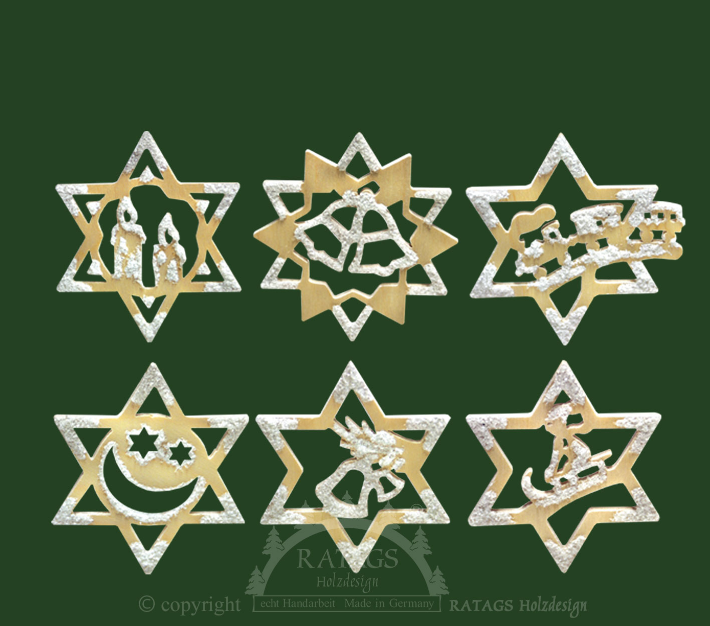 Tree decorations, set of 6, stars, hoarfrost