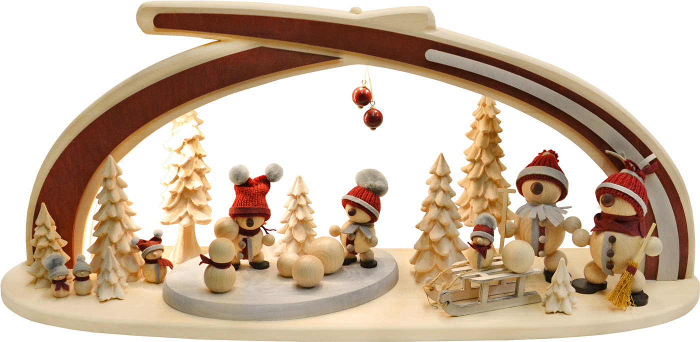 Solid wood arch, snow globe, red, with LED lighting