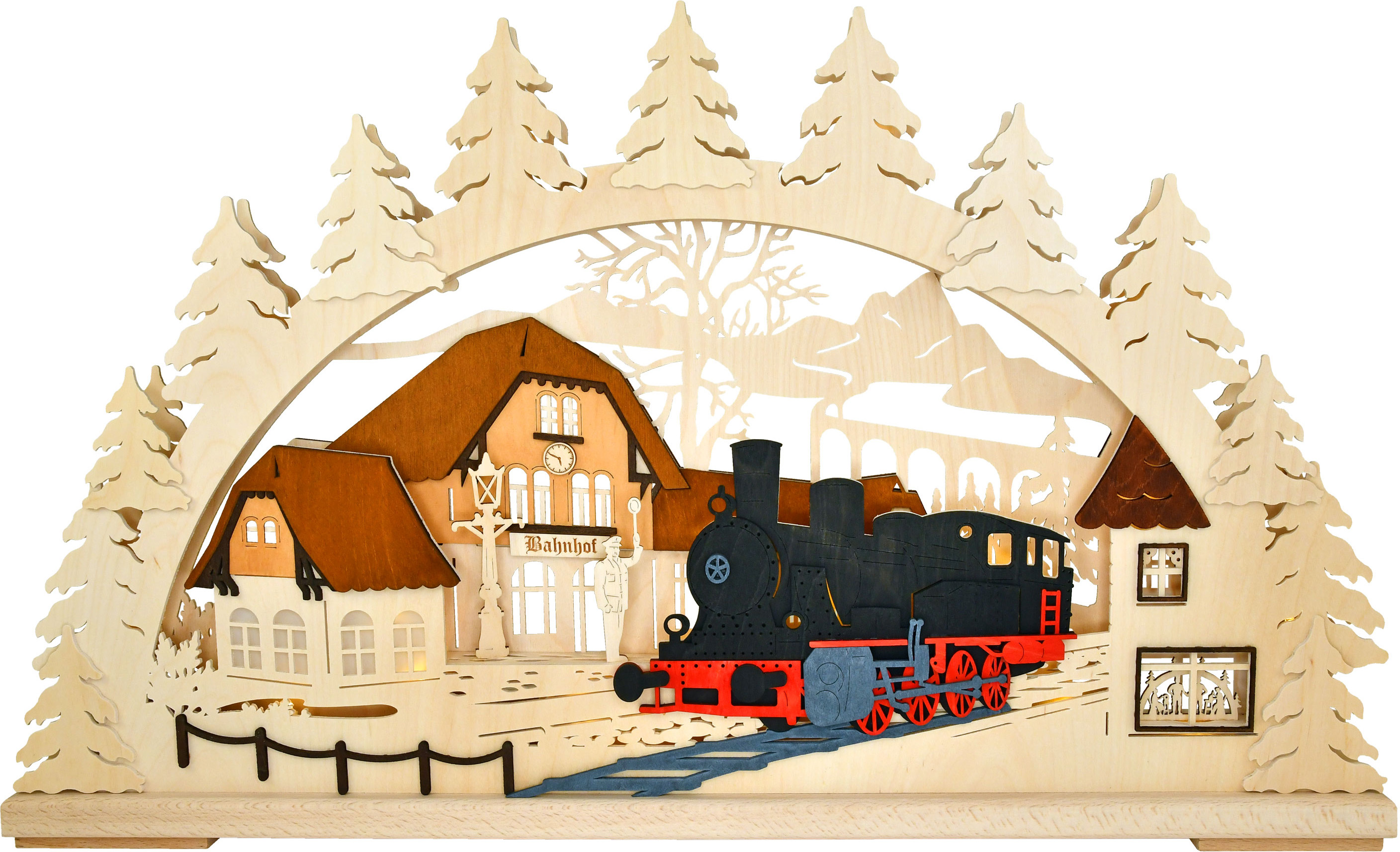 Large 3D Schwibbogen, railway station with steam locomotive