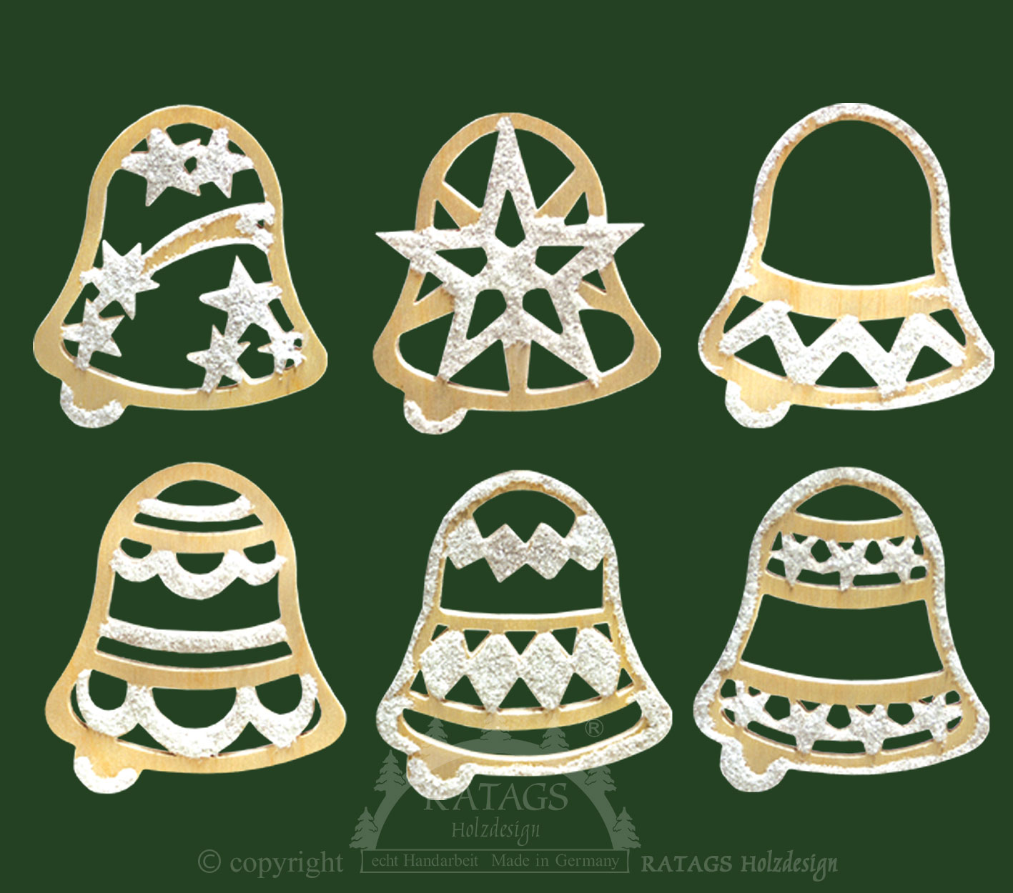 Tree decorations, set of 6, bells, hoarfrost