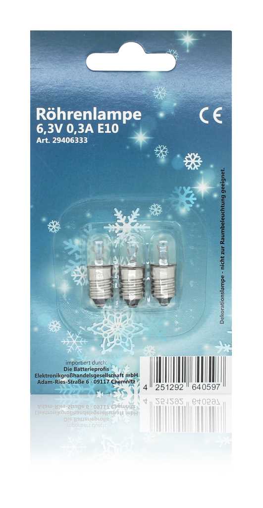 Röhrenlampe E10, 6,3V, 0,3A,3-er Blister passend für Herrnhuter Sterne A1,I1,A1e,