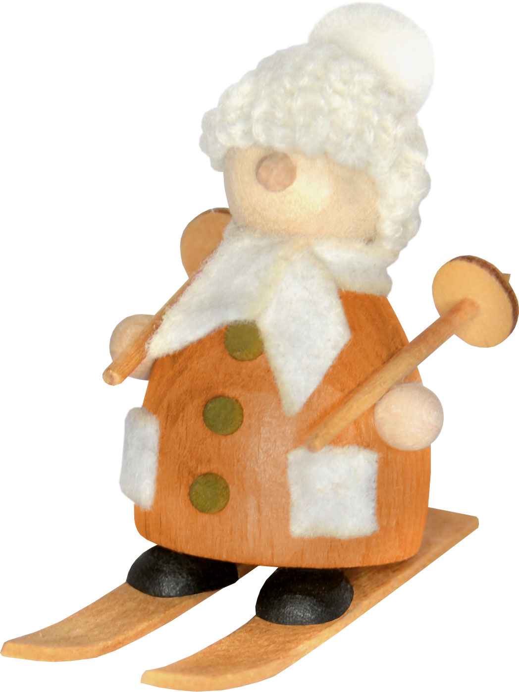 Snow-Molli auf Ski, weiße Strickmütze
