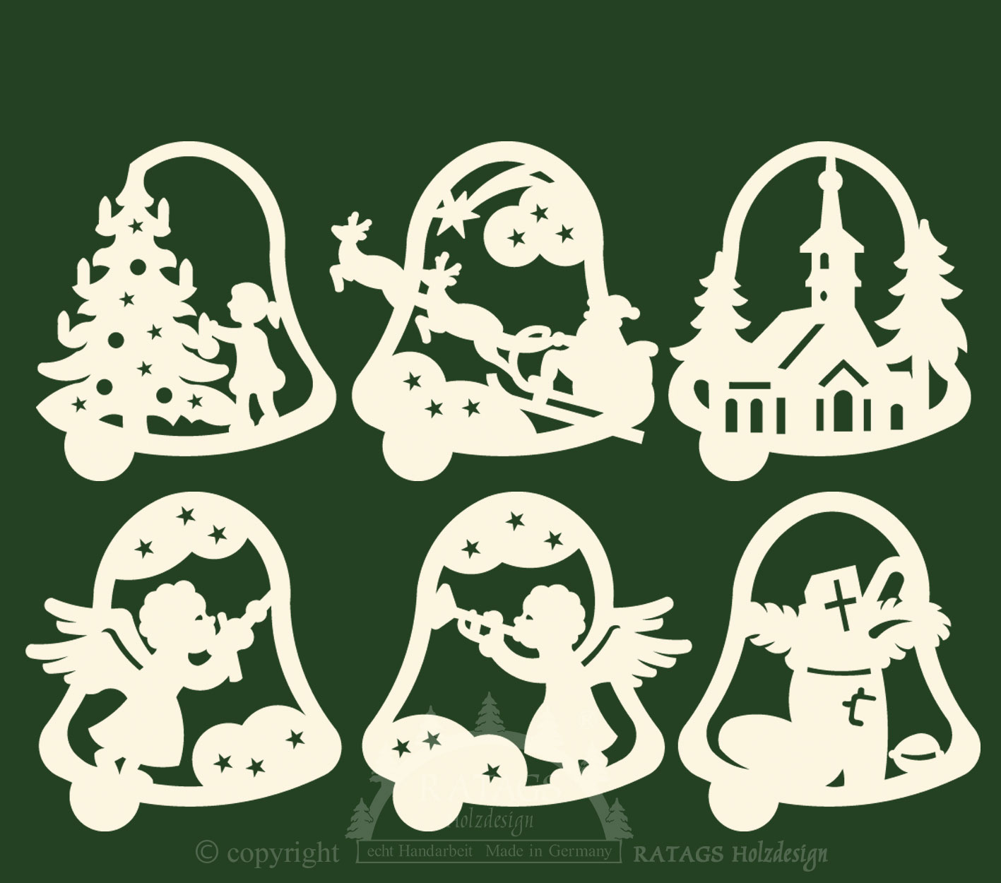 Tree decorations, set of 6, bells,