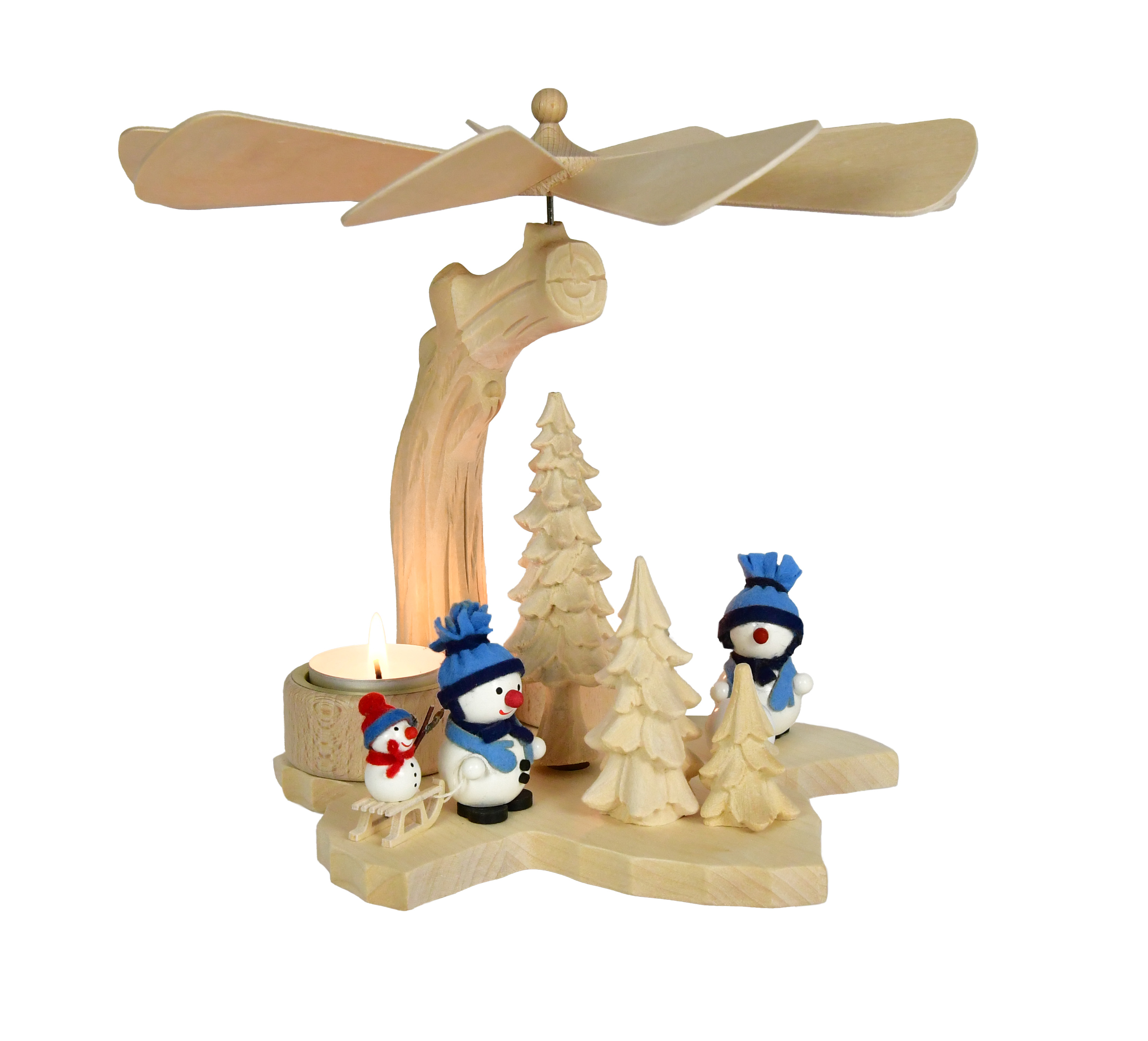 Solid wood pyramid, 3 snowmen with blue hats