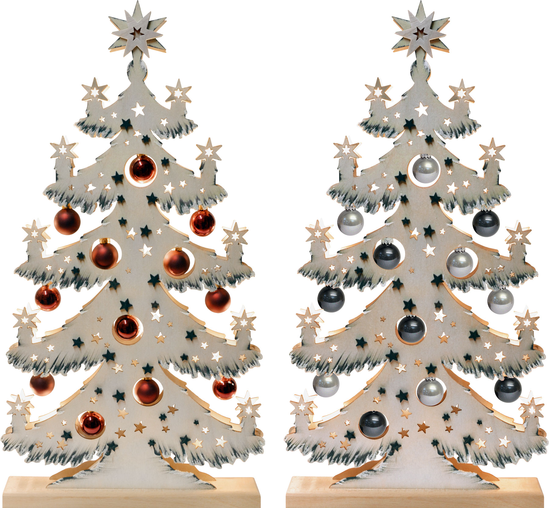 Fir tree mgr., set of 2 baubles red+blue-grey, hand-painted grey, hoarfrost