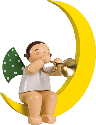 Engel mit Trompete, im Mond, dunkles Haar