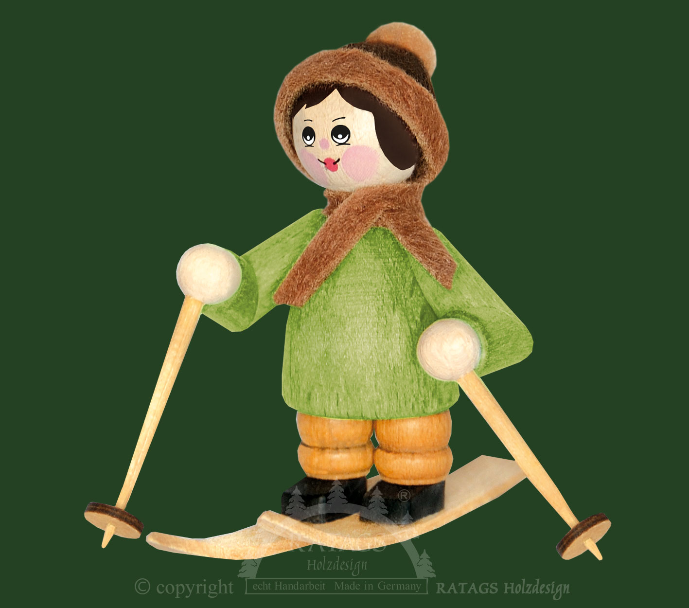 Figur, Skifahrer, mahagoni, apfelgrün