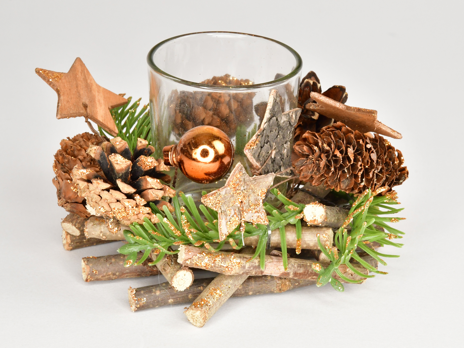 Teelichthalter aus Glas mit Gesteck Deko, Natur