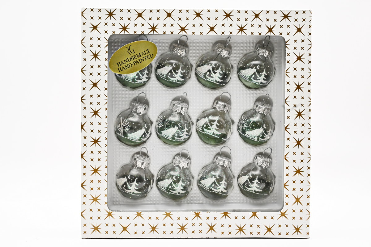 Glass baubles, green houses, 12 pcs, 3 cm
