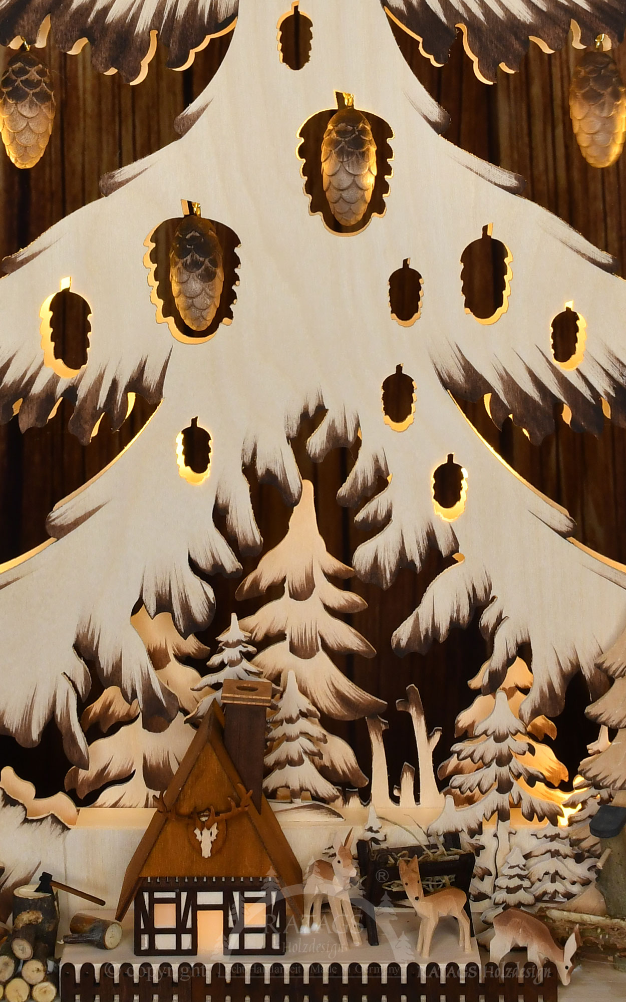 Large fir tree, game reserve, carved cones, hand-painted brown