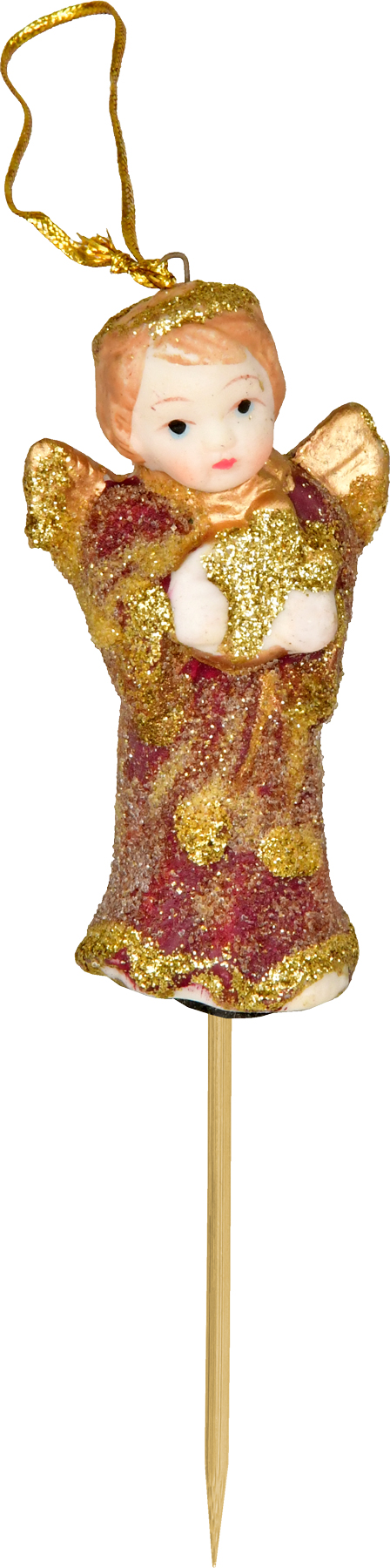 Keramikengel, mini, mit Lyra, zum Hängen o. Stecken, Weinrot/Gold, Glitter