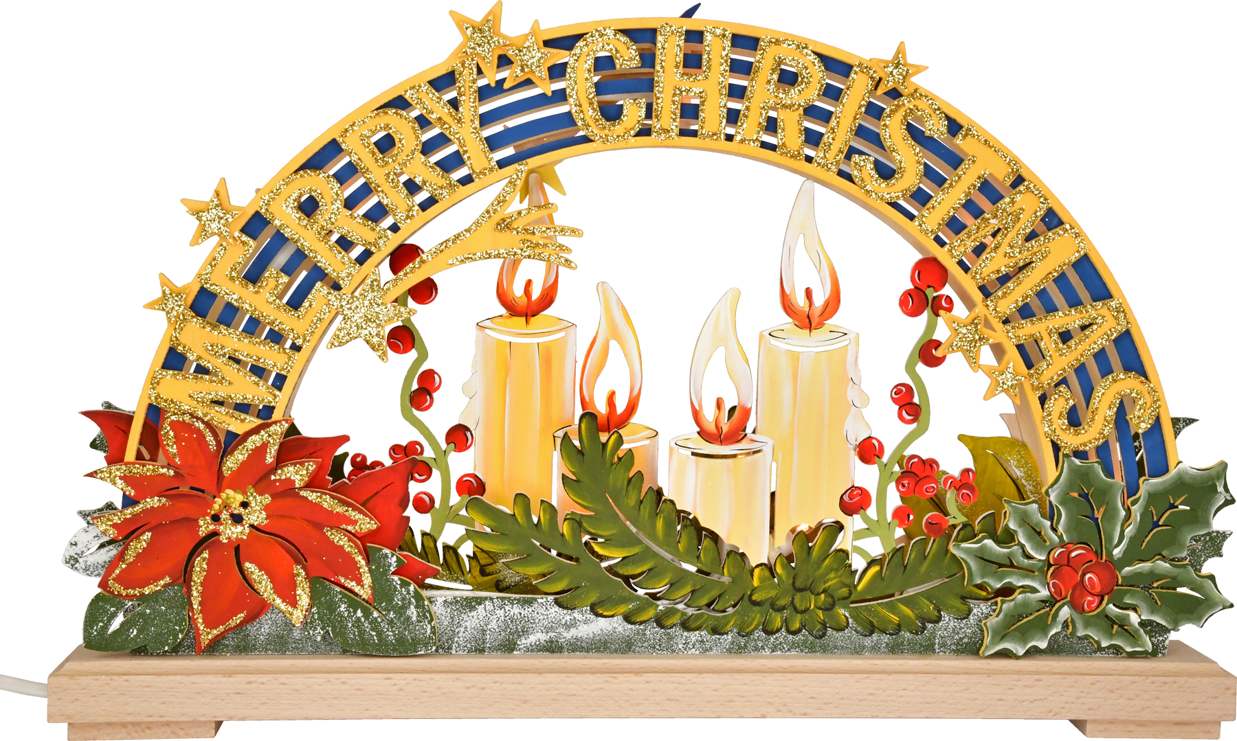 Liten ljusbåge, Merry Christmas, handmålad vintermotiv, guldglitter