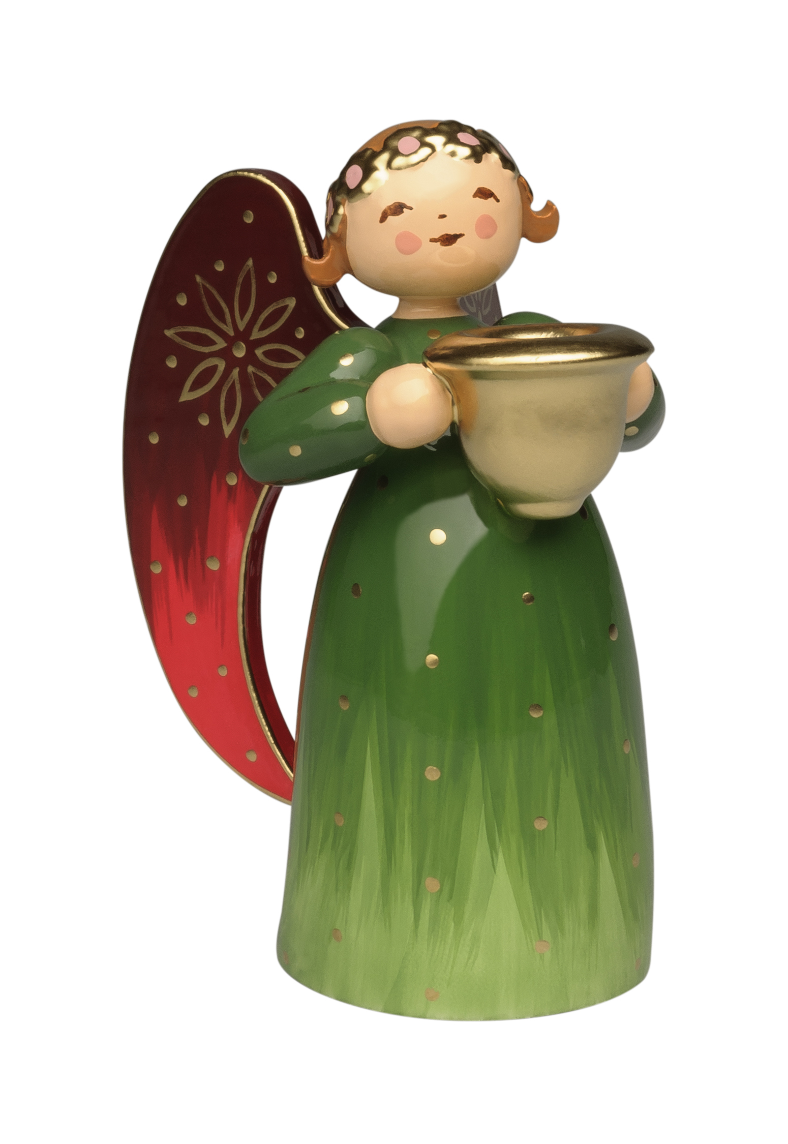 Engel reich bemalt, grün, klein, mit Lichtnapf