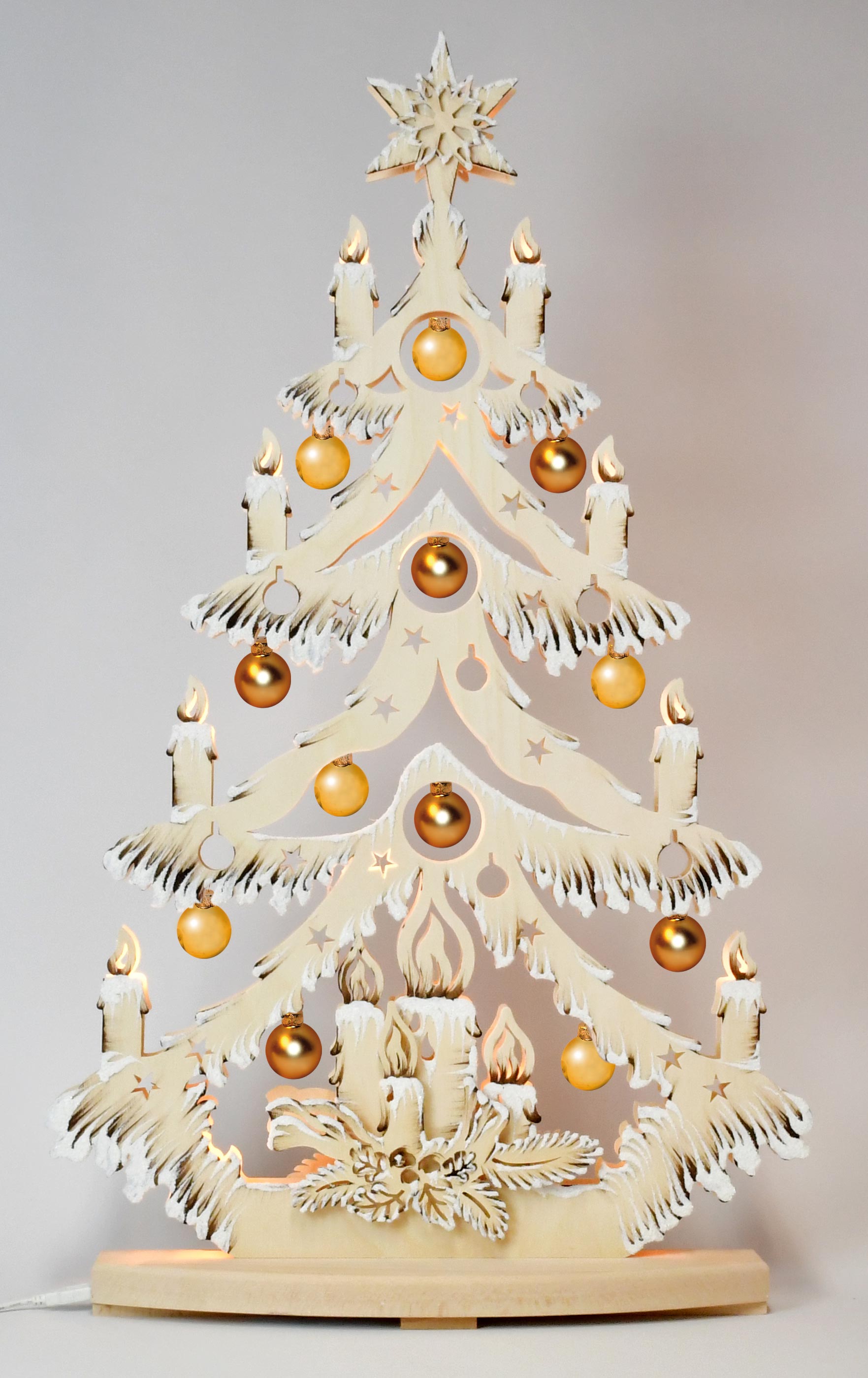 Fir tree, 2 sets of baubles, gold + copper brown shaded, hoarfrost