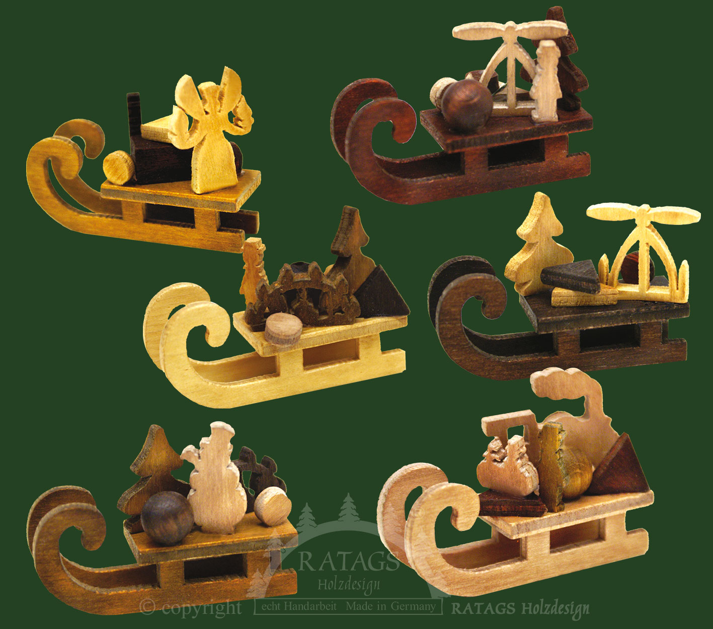 Baumbehang, 6er Set, Schlitten natur