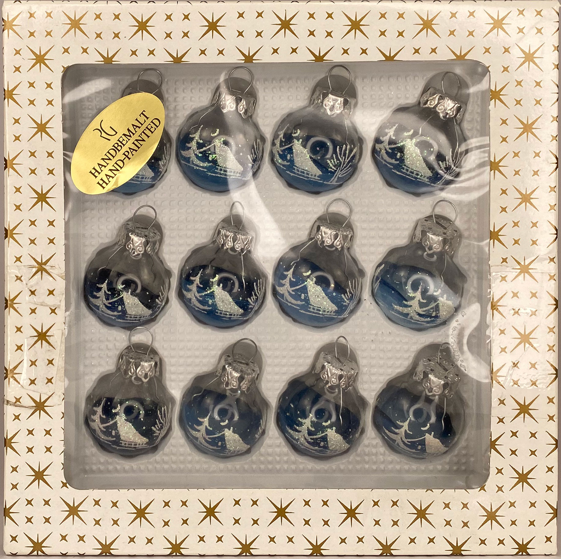 Glass baubles, light blue houses, 12 pieces, 3 cm