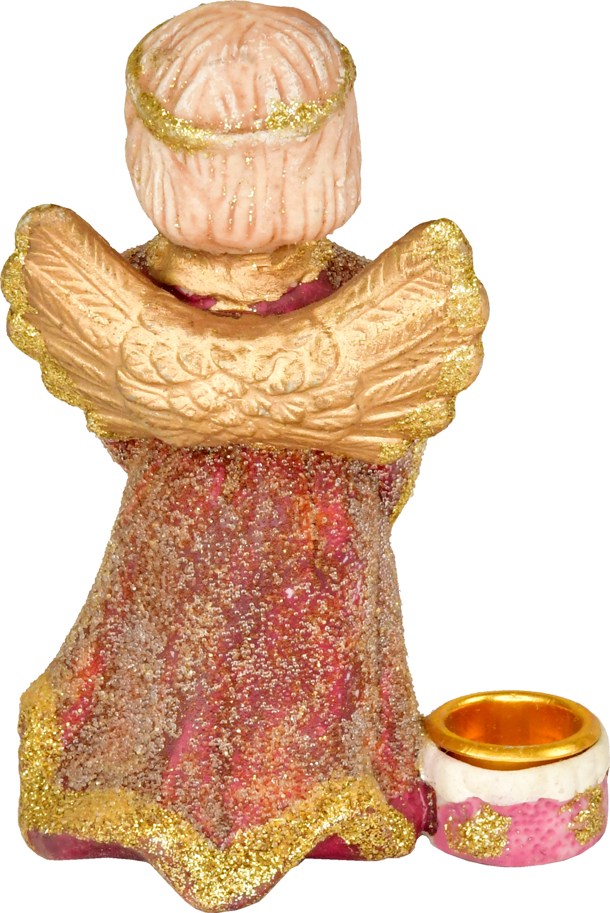 Ceramic angel, standing with harmonica, with candle holder, wine red/gold, glitter
