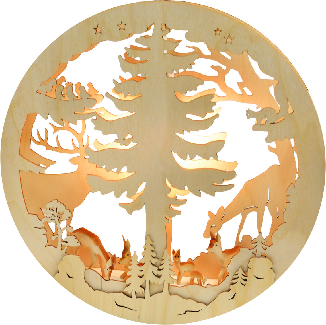 Fensterbild, beleuchtet, Im Wald, geschnitze Rehe Fensterbild, beleuchtet, Im Wald, geschnitze Rehe