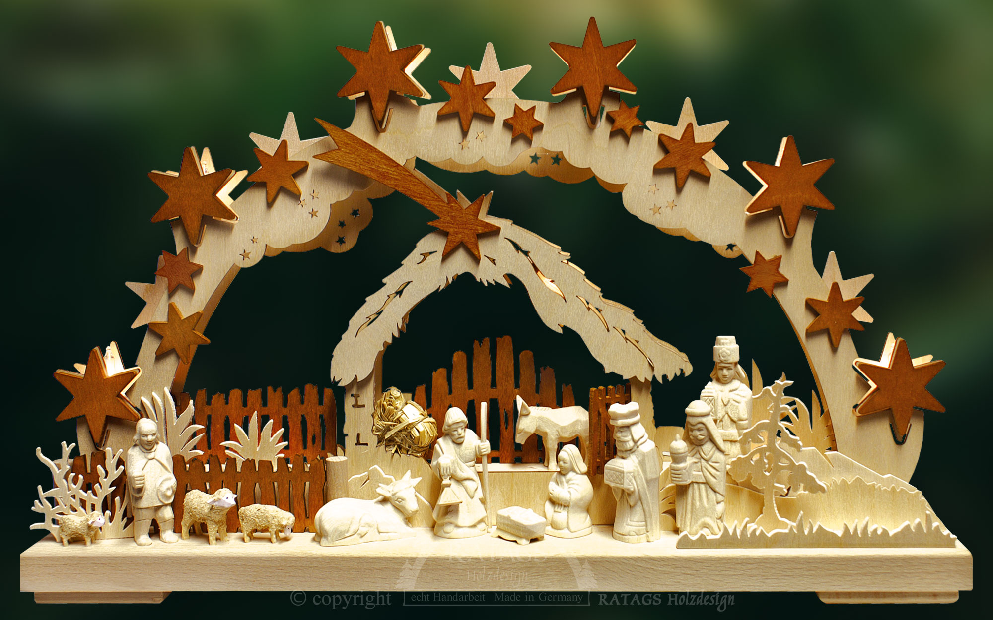 Small 3D Schwibbogen, Morgenland, carved figures, natural, brown stars