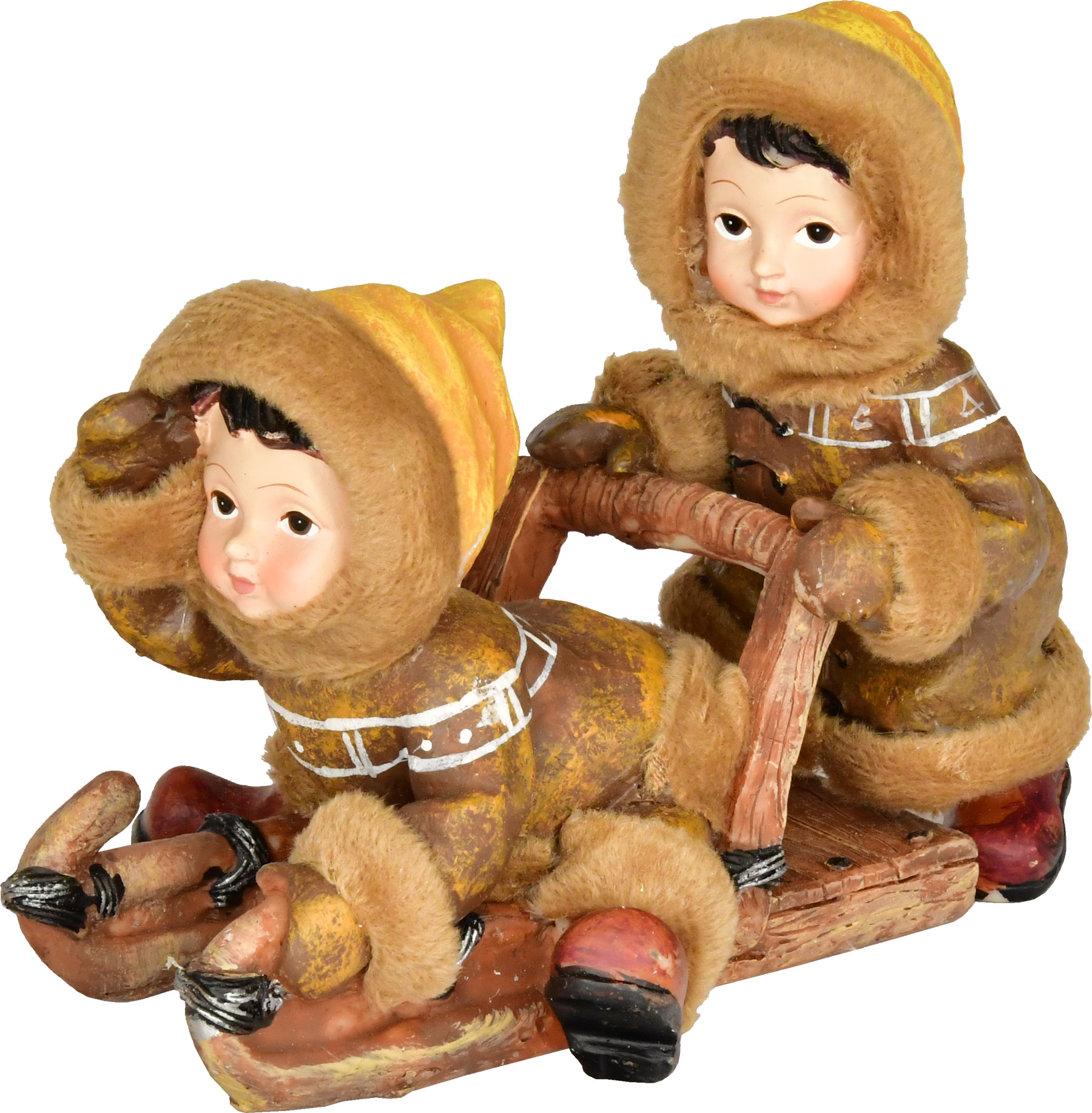 Sled children, winter children, Inuit synthetic resin, coloured, interior decoration